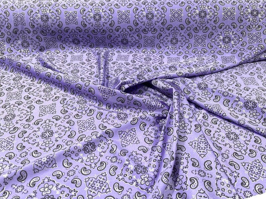 Metallic Bandanna Print on a Stretch Tricot Spandex Fabric- Sold by Yard. Lilac