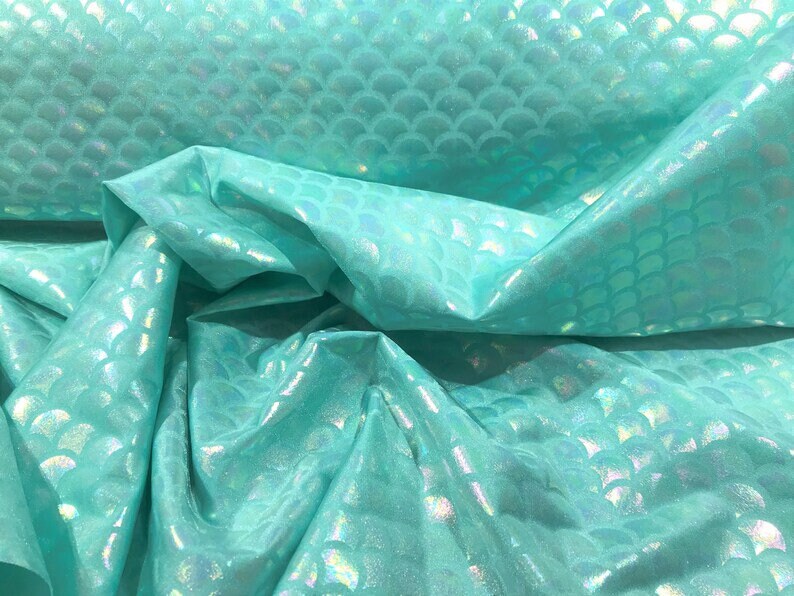 Iridescent Mermaid Fish Scales Stretch Spandex-Sold By The Yard Aqua