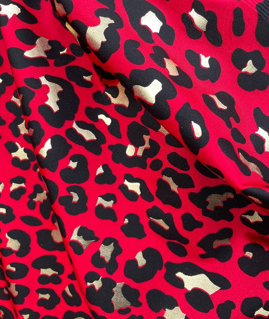 4 Way Stretch Leopard Animal Print with Gold Lurex on Bright Red Spandex Fabric Sold By Yard