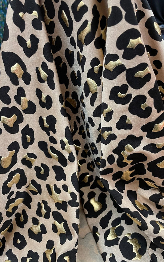 4 Way Stretch Leopard Animal Print with Gold Lurex on Beige Spandex Fabric Sold by Yard