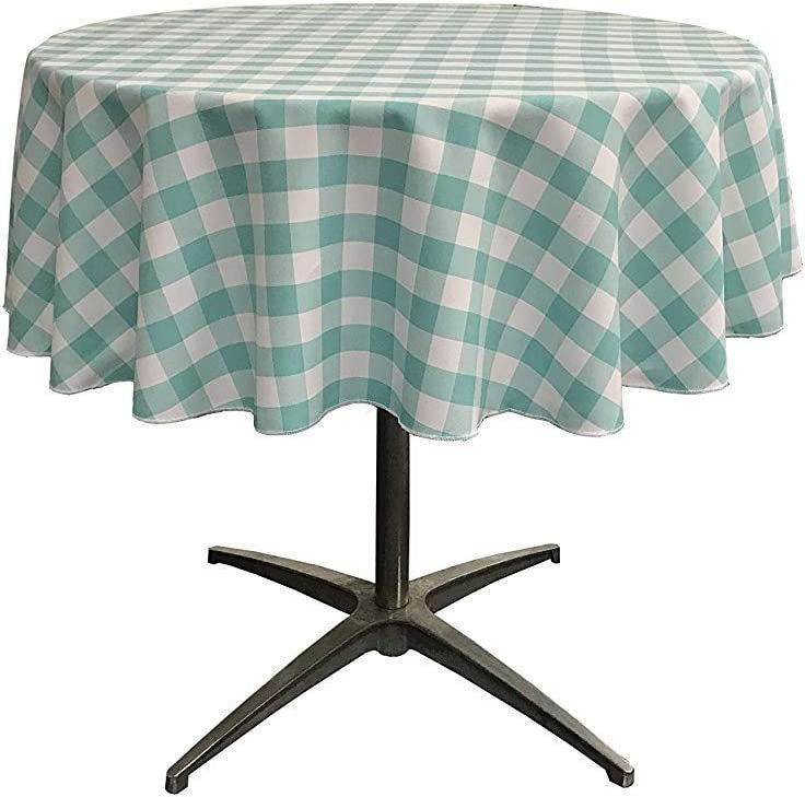 Checkered Gingham Plaid Round Tablecloth for Small Coffee Table (White & Aqua