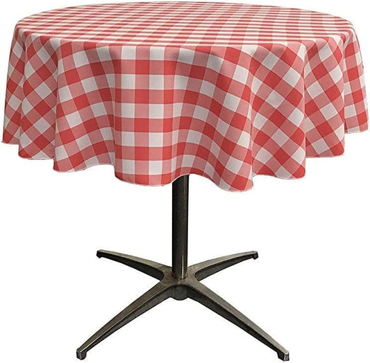 Checkered Gingham Plaid Round Tablecloth for Small Coffee Table (White & Coral