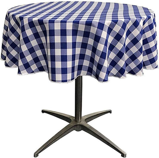 Checkered Gingham Plaid Round Tablecloth for Small Coffee Table (White & Royal Blue