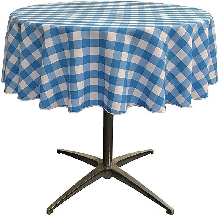 Checkered Gingham Plaid Round Tablecloth for Small Coffee Table (White & Turquoise