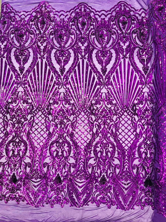 Mermaid Luxury Fashion Design with Sequins Embroider on a 4 Way Stretch Mesh Fabric-Sold by The Yard. Purple