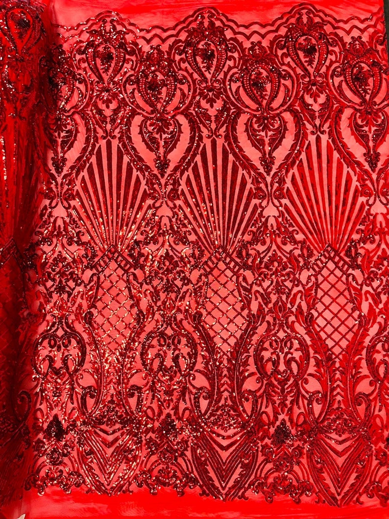 Mermaid Luxury Fashion Design with Sequins Embroider on a 4 Way Stretch Mesh Fabric-Sold by The Yard. Red