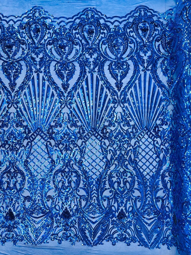 Mermaid Luxury Fashion Design with Sequins Embroider on a 4 Way Stretch Mesh Fabric-Sold by The Yard. Royal