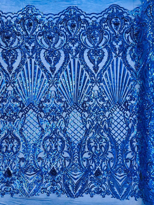 Mermaid Luxury Fashion Design with Sequins Embroider on a 4 Way Stretch Mesh Fabric-Sold by The Yard. Royal