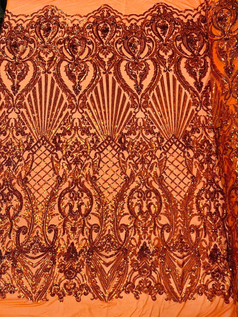 Mermaid Luxury Fashion Design with Sequins Embroider on a 4 Way Stretch Mesh Fabric-Sold by The Yard. Burnt Orange