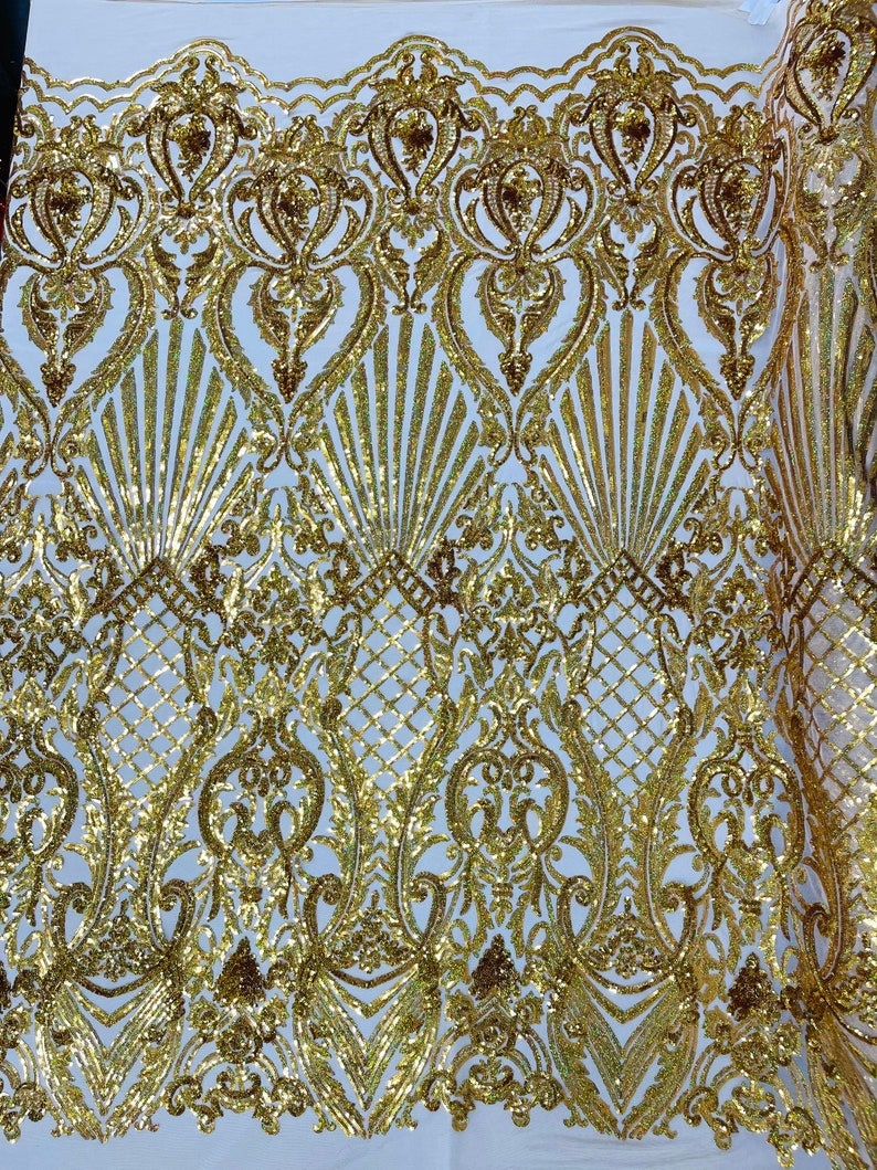 Mermaid Luxury Fashion Design with Sequins Embroider on a 4 Way Stretch Mesh Fabric-Sold by The Yard. Gold