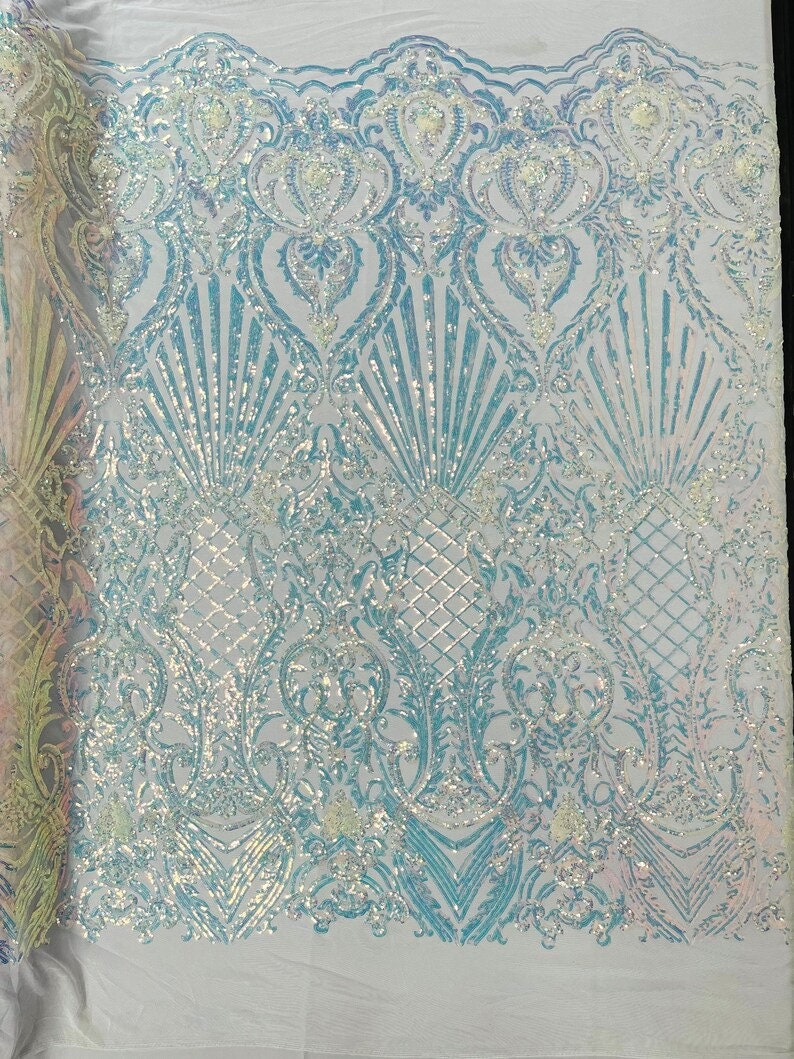 Mermaid Luxury Fashion Design with Sequins Embroider on a 4 Way Stretch Mesh Fabric-Sold by The Yard. Aqua Clear