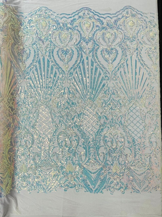 Mermaid Luxury Fashion Design with Sequins Embroider on a 4 Way Stretch Mesh Fabric-Sold by The Yard. Aqua Clear