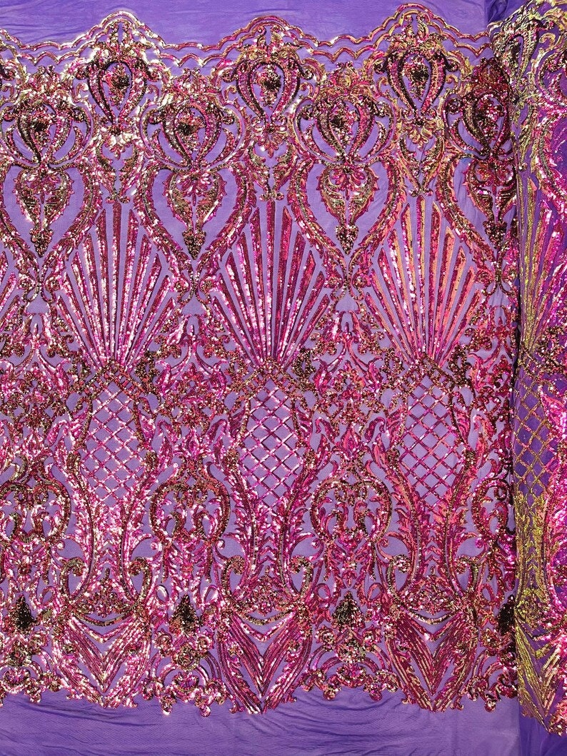 Mermaid Luxury Fashion Design with Sequins Embroider on a 4 Way Stretch Mesh Fabric-Sold by The Yard. Purple Iridescent