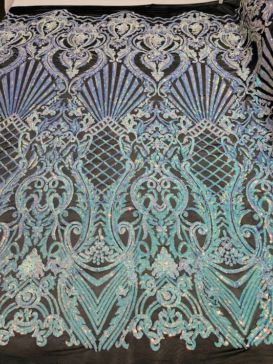 Mermaid Luxury Fashion Design with Sequins Embroider on a 4 Way Stretch Mesh Fabric-Sold by The Yard. Aqua Black Iridescent