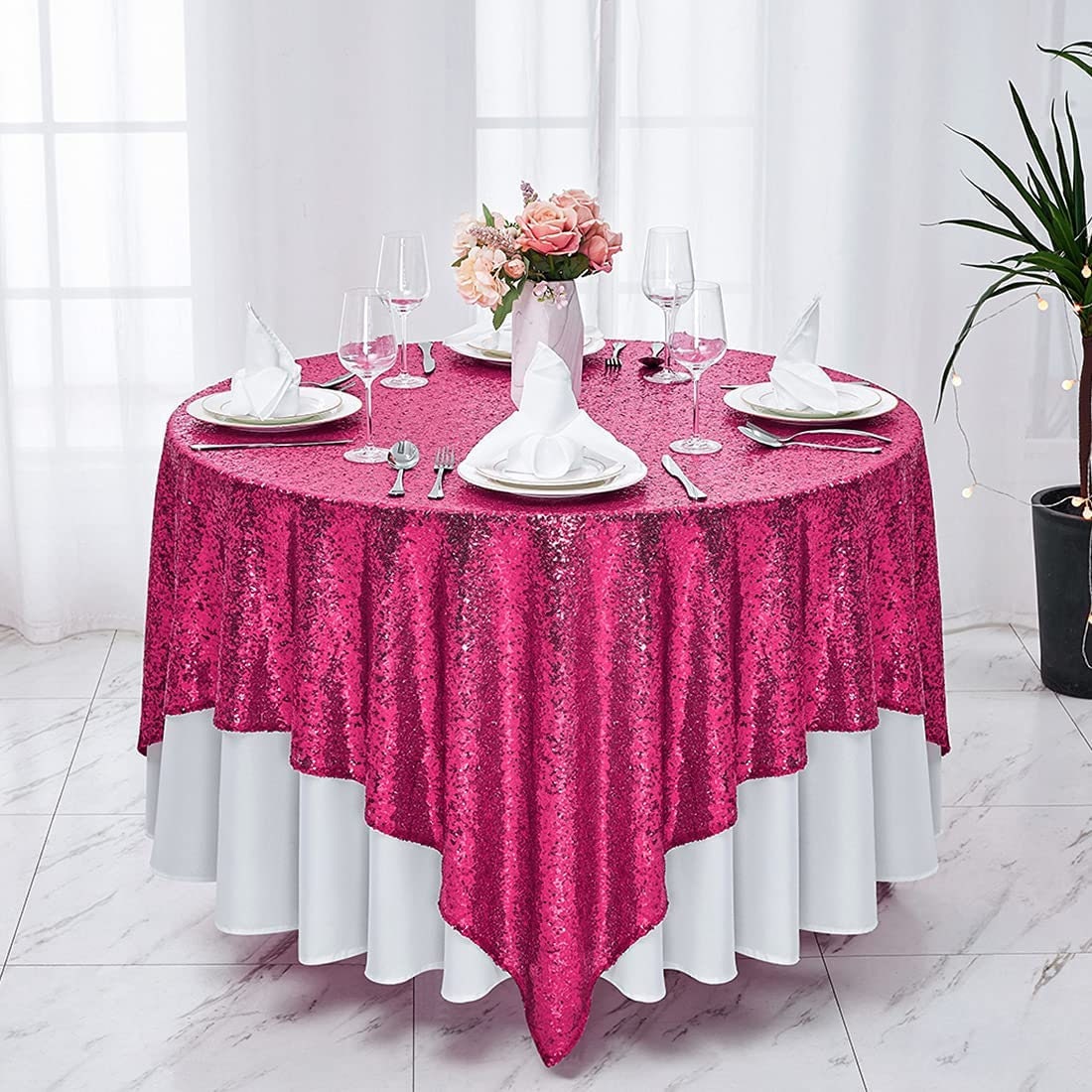 50"x50" inch Square Sequin Tablecloth Fuchsia Glitter Tablecloth for Bridal Shower Decorations, Birthday, Wedding, Dessert, Banquet