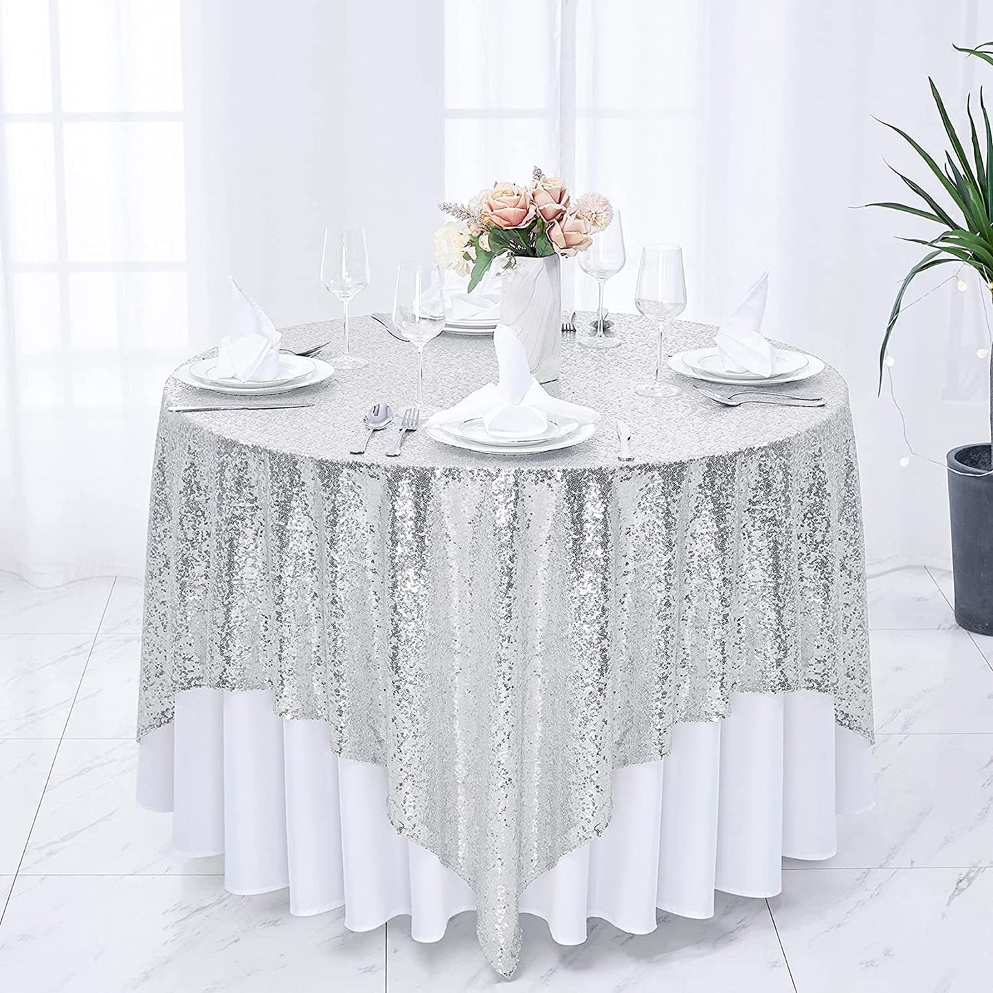 50"x50" inch Square Sequin Tablecloth Silver Glitter Tablecloth for Bridal Shower Decorations, Birthday, Wedding, Dessert, Banquet