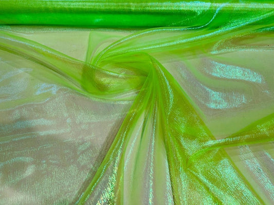 Iridescent Crush 40-45 Inches Wide 100% Polyester Soft Light Weight, Sheer, See Through iridescent Organza Neon Green