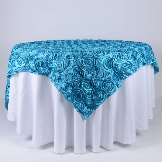 50' x 50" Turquoise Satin Raised Rosettes Overlay Tablecloth Wedding Party Dining Room Table Linens 50" x 50"