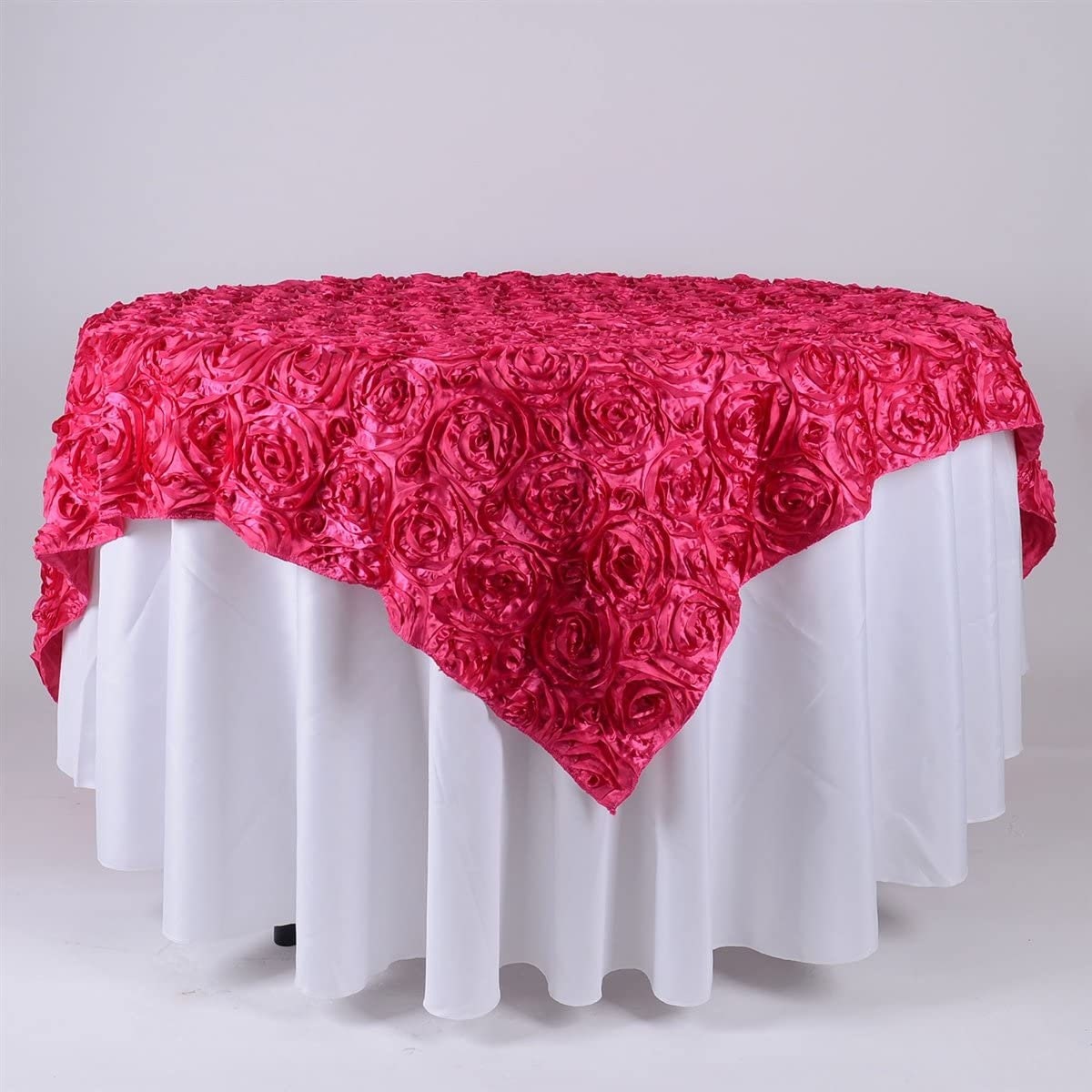 50' x 50" Fuchsia Satin Raised Rosettes Overlay Tablecloth Wedding Party Dining Room Table Linens 50" x 50"