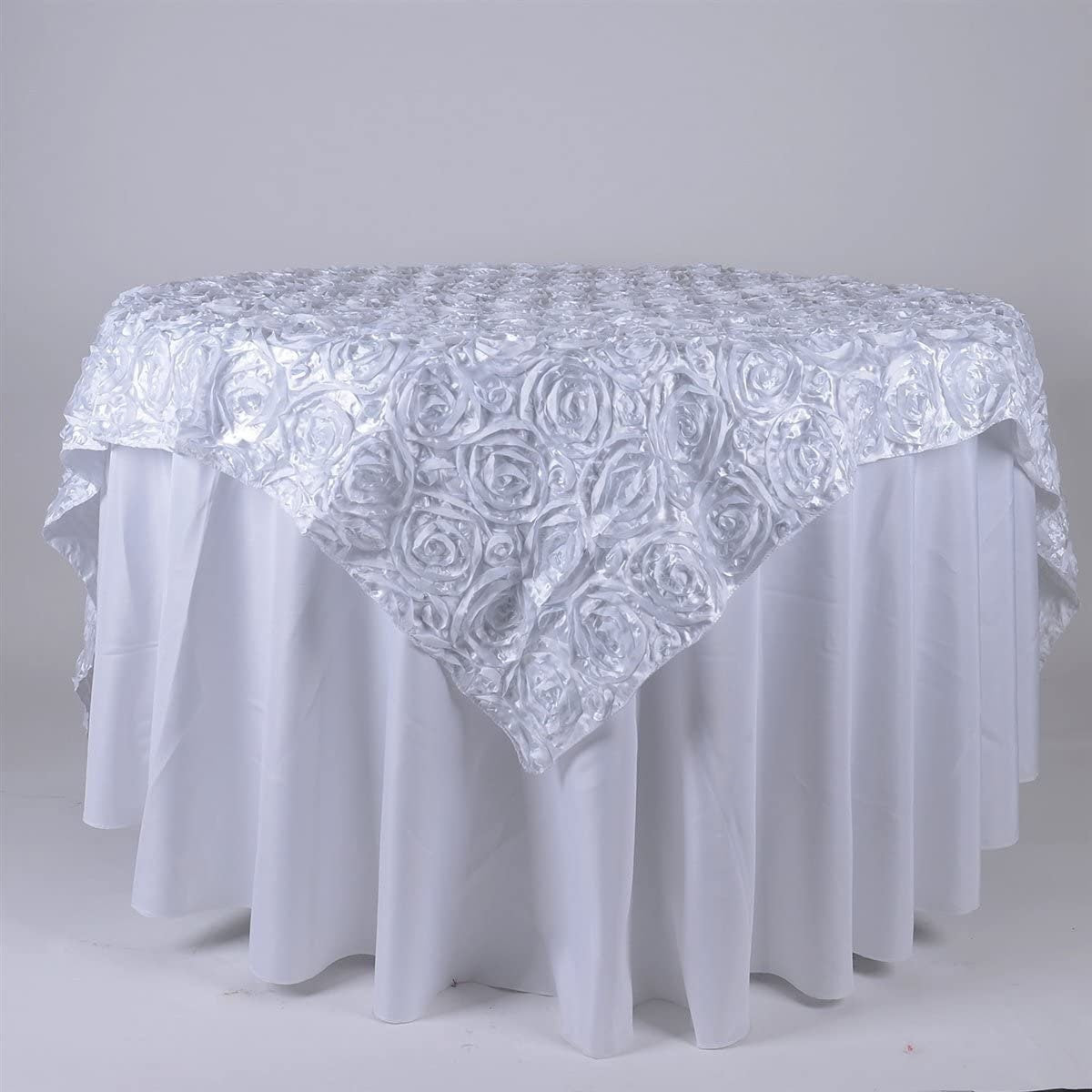 50' x 50" White Satin Raised Rosettes Overlay Tablecloth Wedding Party Dining Room Table Linens 50" x 50"