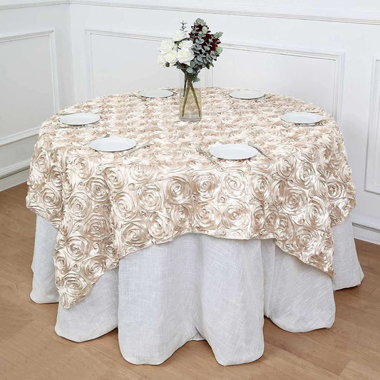 50' x 50" Champagne Satin Raised Rosettes Overlay Tablecloth Wedding Party Dining Room Table Linens 50" x 50"