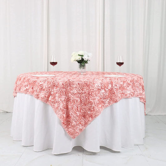 50' x 50" Coral Satin Raised Rosettes Overlay Tablecloth Wedding Party Dining Room Table Linens 50" x 50"