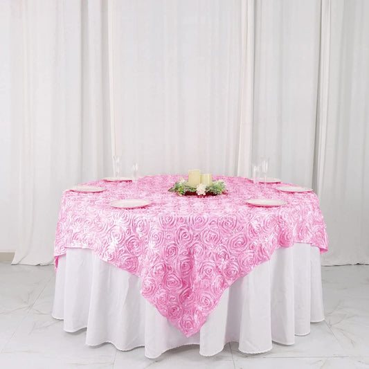 50' x 50" Pink Satin Raised Rosettes Overlay Tablecloth Wedding Party Dining Room Table Linens 50" x 50"