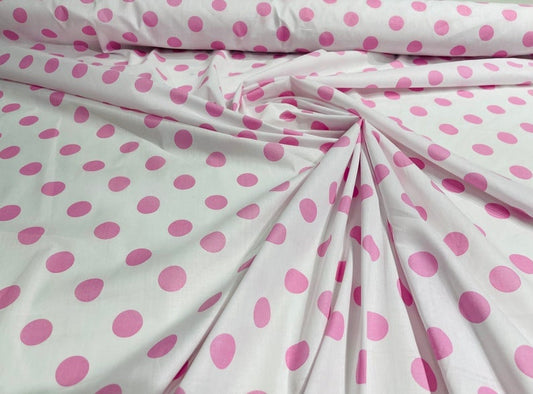 Premium 1 inch Polka Dot Poly Cotton Fabric Sold By The Yard. Pink on White