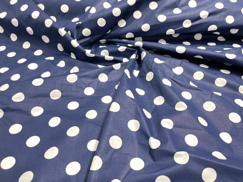 Premium 1 inch Polka Dot Poly Cotton Fabric Sold By The Yard. White on Navy