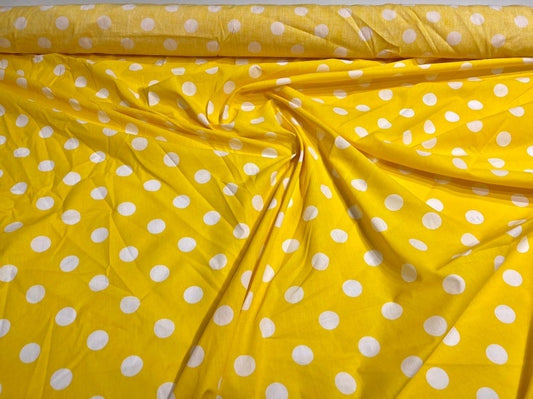 Premium 1 inch Polka Dot Poly Cotton Fabric Sold By The Yard. White on Yellow