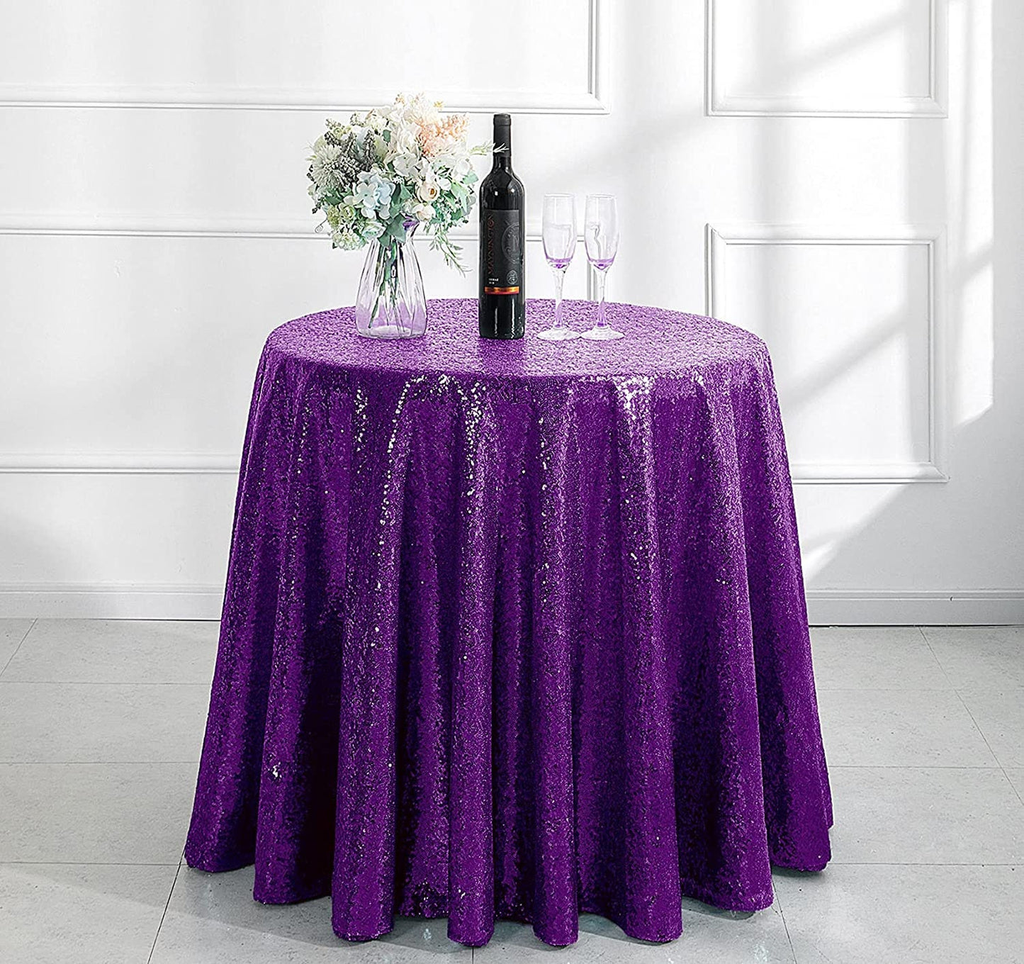 Glitter Sparkly Iridescent Shimmer for Round Table Covers Decorations for Birthday Party Supplies Event Wedding Table Skirt Decor Purple