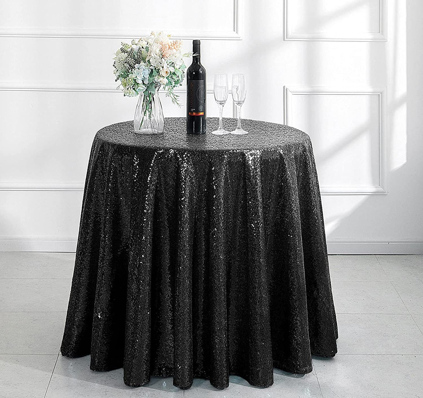 Glitter Sparkly Iridescent Shimmer for Round Table Covers Decorations for Birthday Party Supplies Event Wedding Table Skirt Decor Black