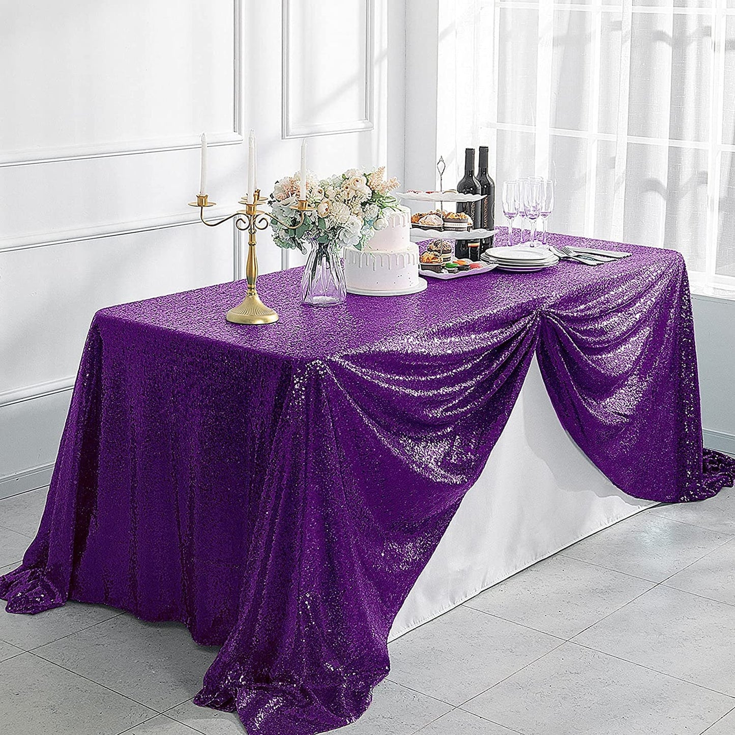 90" Sequin Tablecloth Rectangular Glitter Table Cloths for Birthday Wedding Bridal Baby Shower Party Decorations Purple