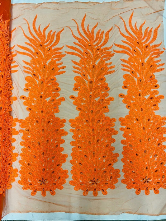 Beaded Feather Design Embroidery On a Mesh Fabric-Sold By The Panel- Neon Orange