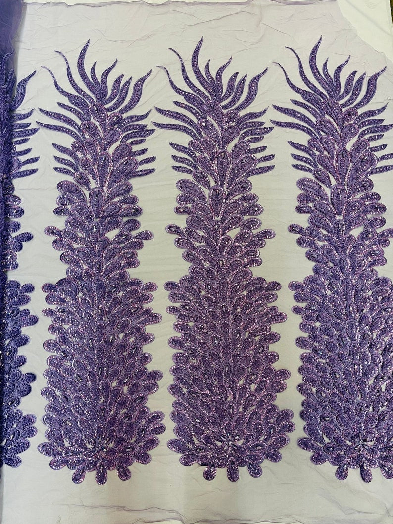 Beaded Feather Design Embroidery On a Mesh Fabric-Sold By The Panel- Lavender