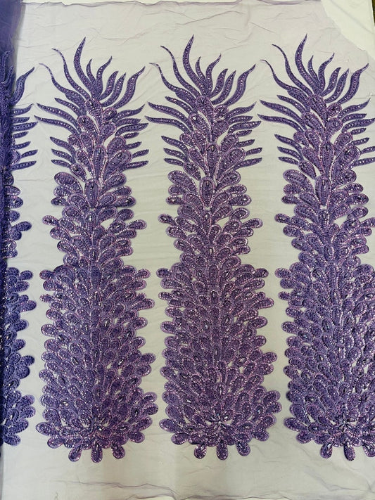 Beaded Feather Design Embroidery On a Mesh Fabric-Sold By The Panel- Lavender