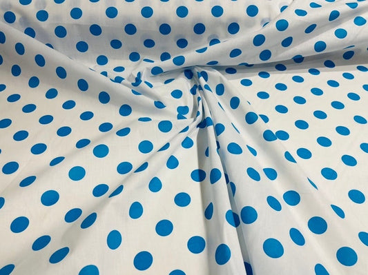 Premium 1 inch Polka Dot Poly Cotton Fabric Sold By The Yard. Turquoise on White