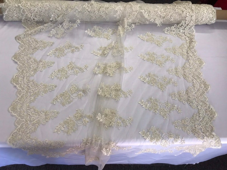 Hand Beaded Flower Design Embroider On a Mesh Lace-Prom-Sold By The Yard. Dk Ivory