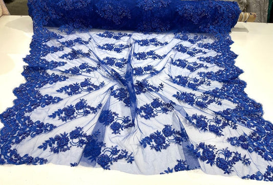 Hand Beaded Flower Design Embroider On a Mesh Lace-Prom-Sold By The Yard. Royal Blue