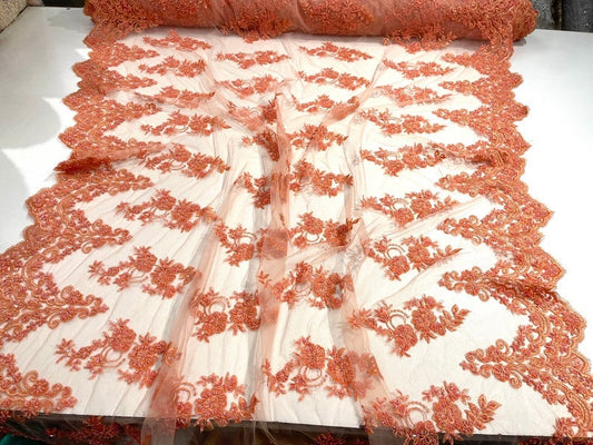 Hand Beaded Flower Design Embroider On a Mesh Lace-Prom-Sold By The Yard. Coral