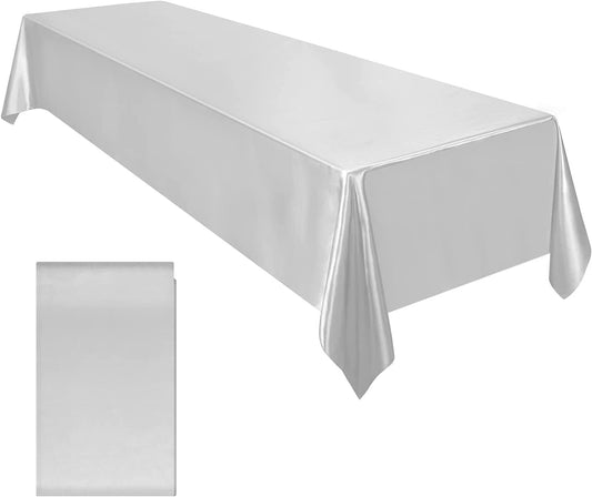 60" Satin Party Tablecloth Table Cover Wedding Rectangle Bright Tablecloth Table Cover Smooth Fabric Tablecloth Decor for Wedding Silver