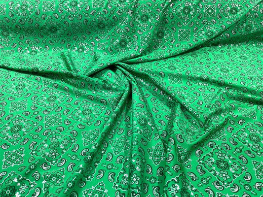 Metallic Bandanna Print on a Stretch Tricot Spandex Fabric- Sold by Yard. Green