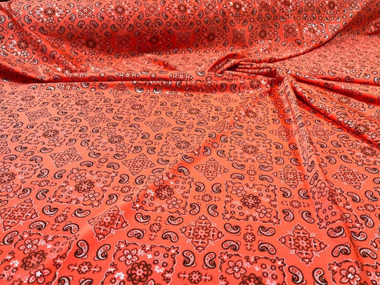 Metallic Bandanna Print on a Stretch Tricot Spandex Fabric- Sold by Yard. Neon Orange