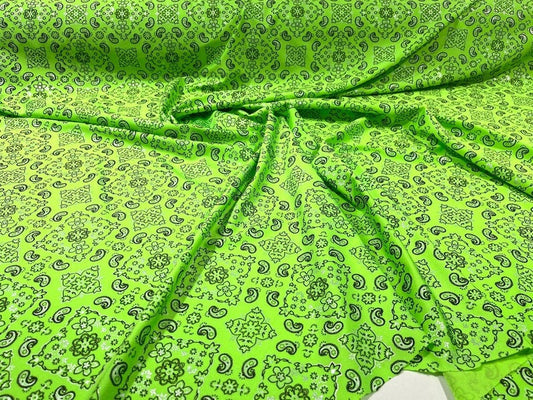 Metallic Bandanna Print on a Stretch Tricot Spandex Fabric- Sold by Yard. Neon Green