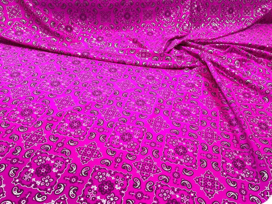 Metallic Bandanna Print on a Stretch Tricot Spandex Fabric- Sold by Yard. Fuchsia