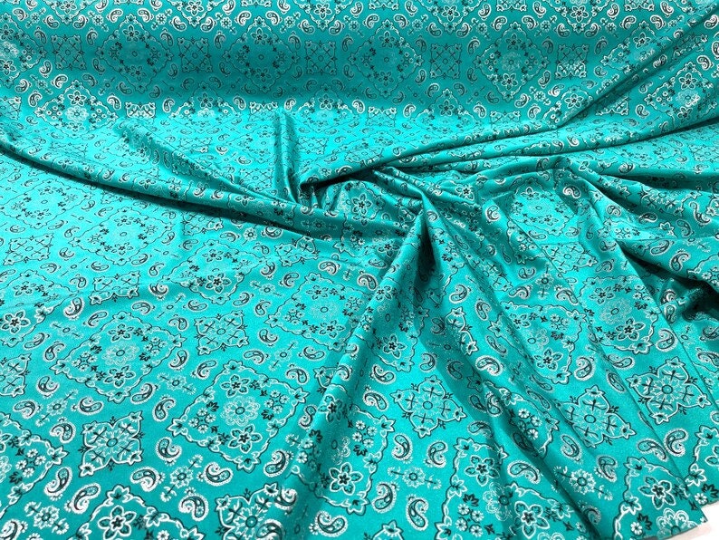 Metallic Bandanna Print on a Stretch Tricot Spandex Fabric- Sold by Yard. Jade