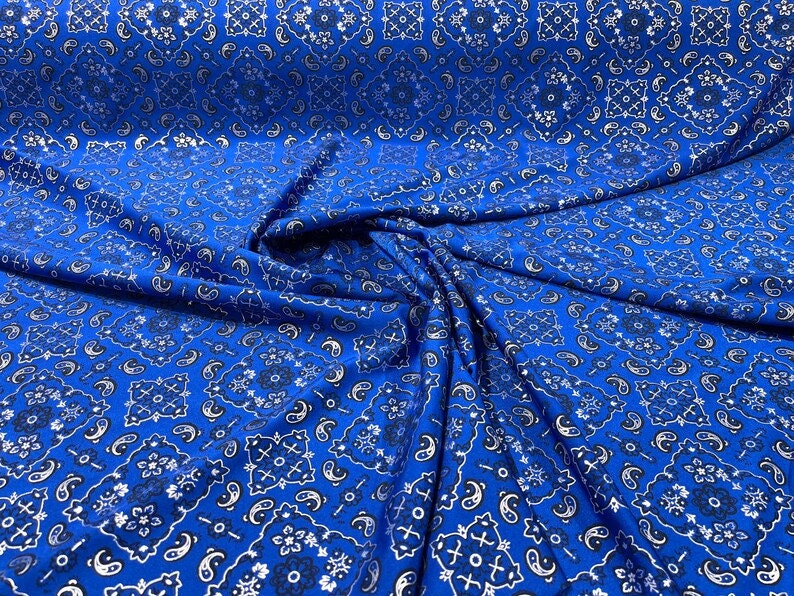 Metallic Bandanna Print on a Stretch Tricot Spandex Fabric- Sold by Yard. Royal Blue