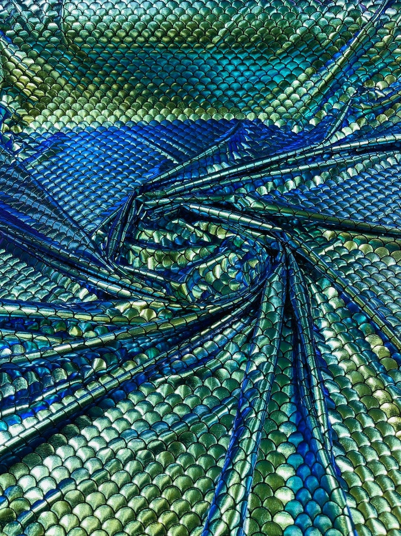 Iridescent Mermaid Fish Scales Stretch Spandex-Sold By The Yard Green Blue