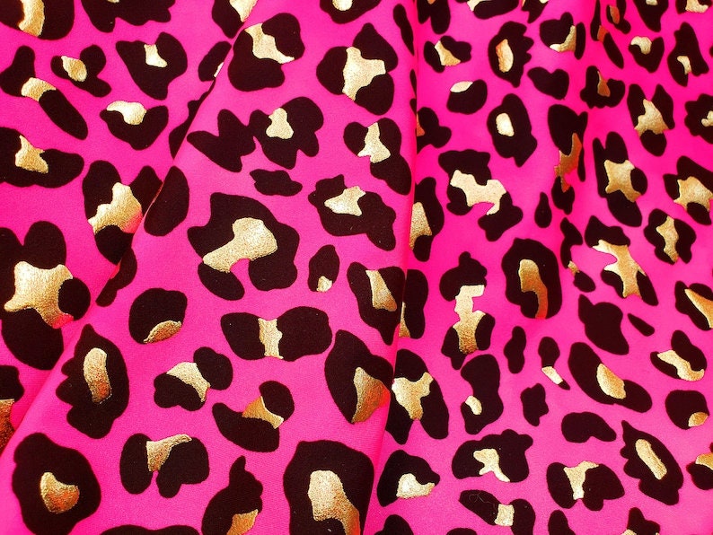 4 Way Stretch Leopard Animal Print with Gold Lurex on Bright Pink Spandex Fabric Sold By Yard