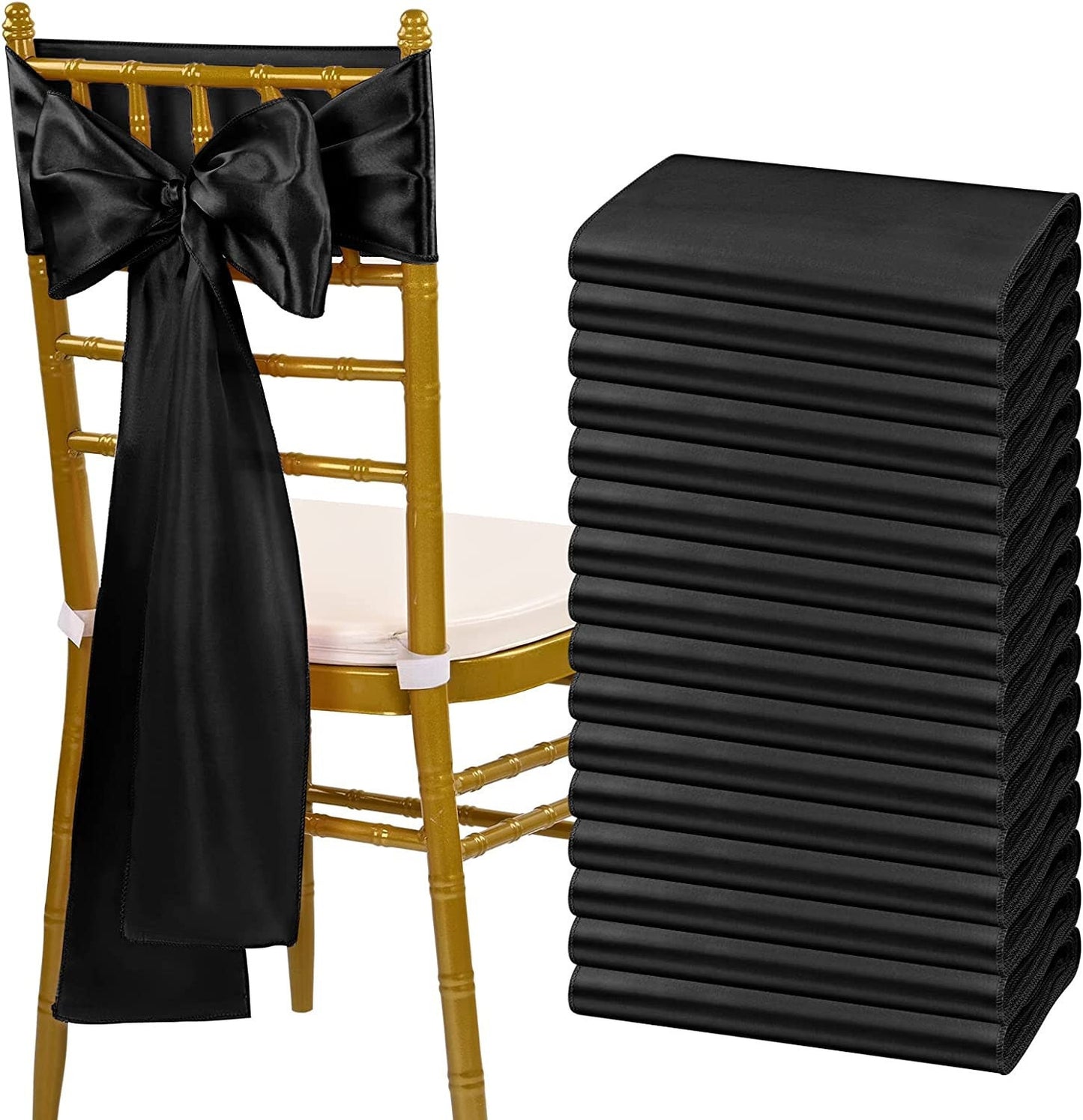 50 PCS Black Satin Chair Sashes Bows Universal Chair Cover for Wedding Reception Restaurant Event Decoration Banquet,Party  (7 x 108 inch)